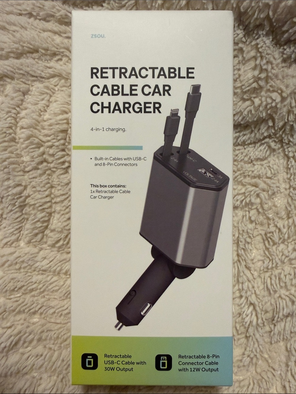 ZSOU 4-in-1 Retractable Car Charger -NIB